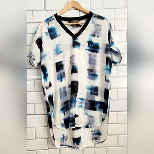 Leo & Sage Ladies Cream Black Blue Abstract Print 100% Silk Blouse Tunic Short S